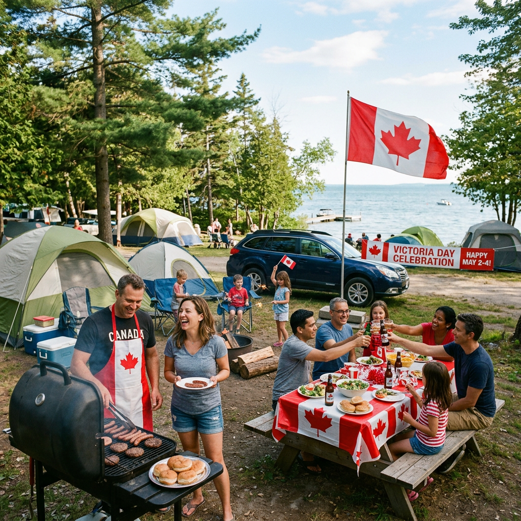 Group of people celebrating Victoria Day with barbecue and picnic near tents and a lake